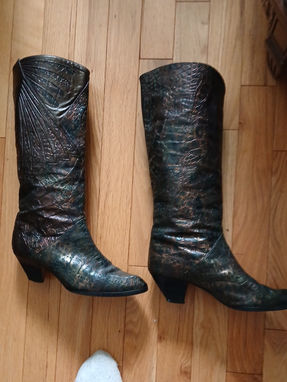 Metallic Teal Croc-Embossed Mid-Calf Heeled Boots